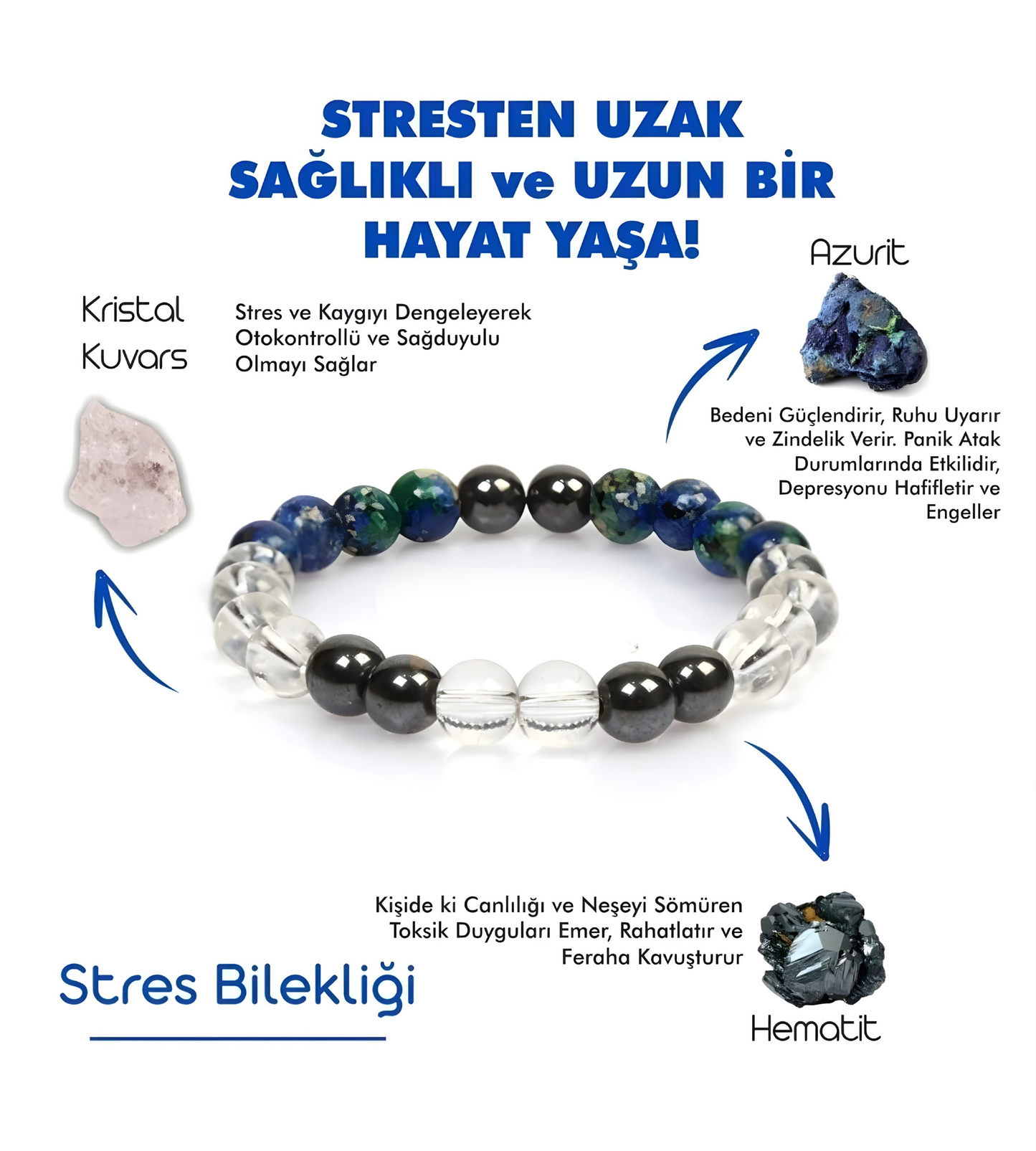 Unisex Doğal Taş Stres Bilekliği | Azurit-Kristal Kuvars-Hematit